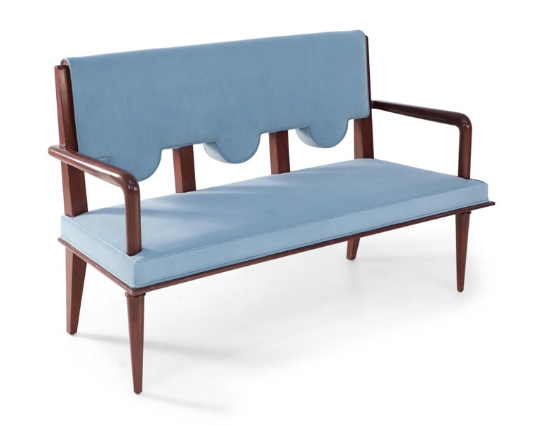 French MidCentury Style Light Blue Velvet Upholstered Loveseat For Sale at 1stDibs