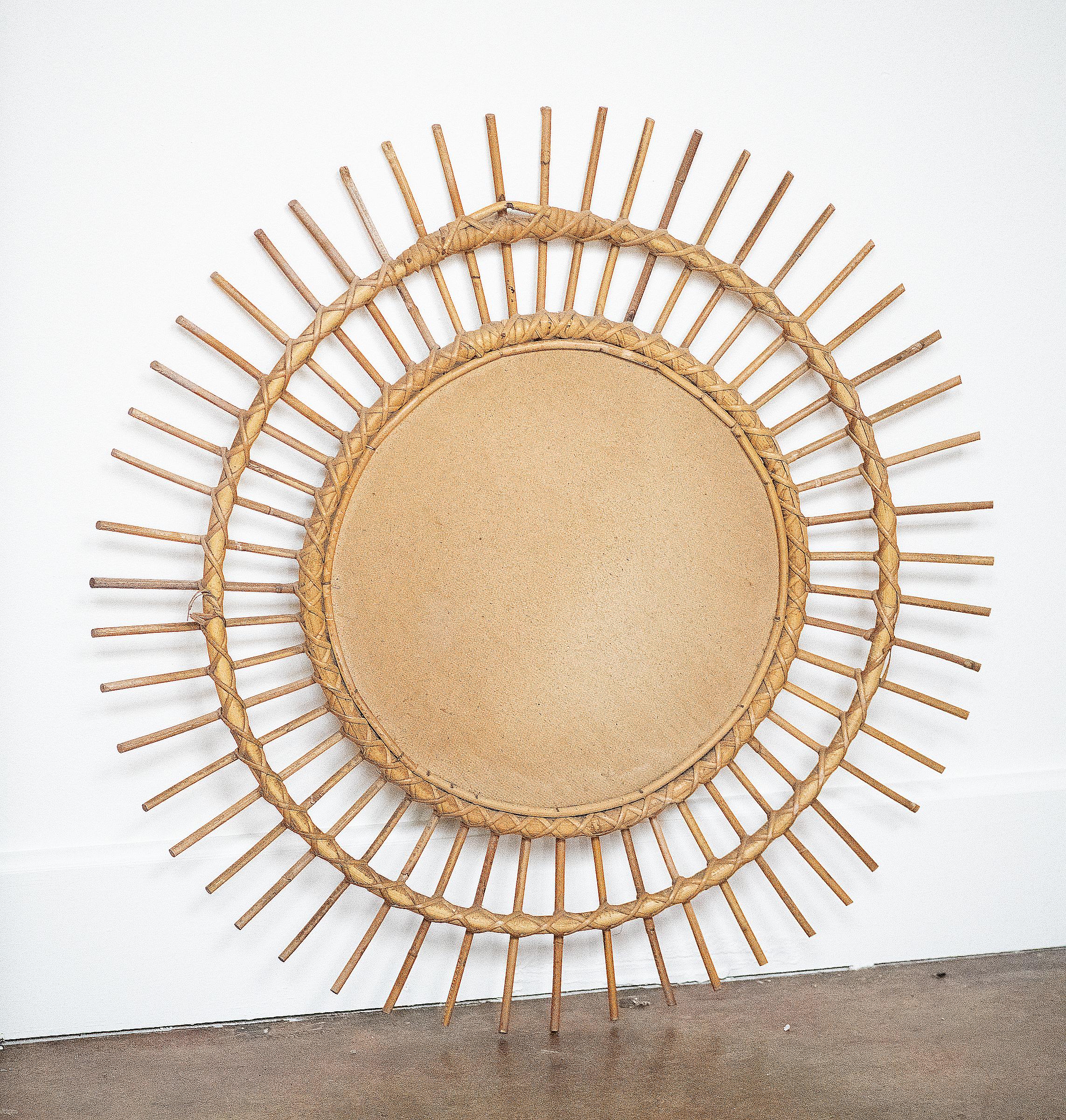 French Mid-Century Sunburst or Starburst Mirror of Bamboo & Rattan (Dia 27 3/8) For Sale 5