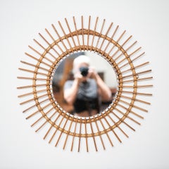 French Mid-Century Sunburst or Starburst Mirror of Bamboo & Rattan (Dia 27 3/8)