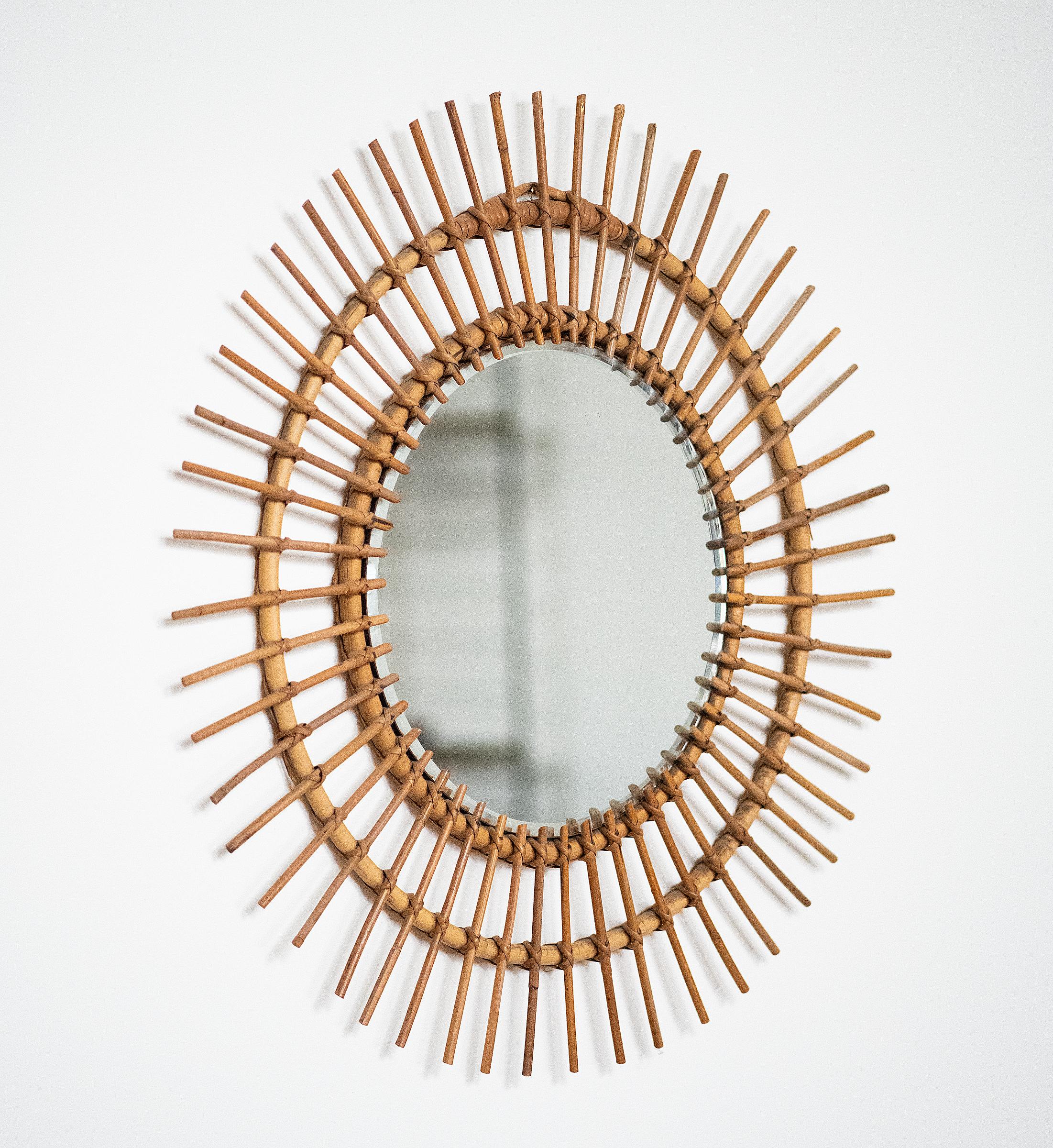 Mid-Century Modern French Mid-Century Sunburst or Starburst Mirror of Bamboo & Rattan (Dia 27 3/8) For Sale