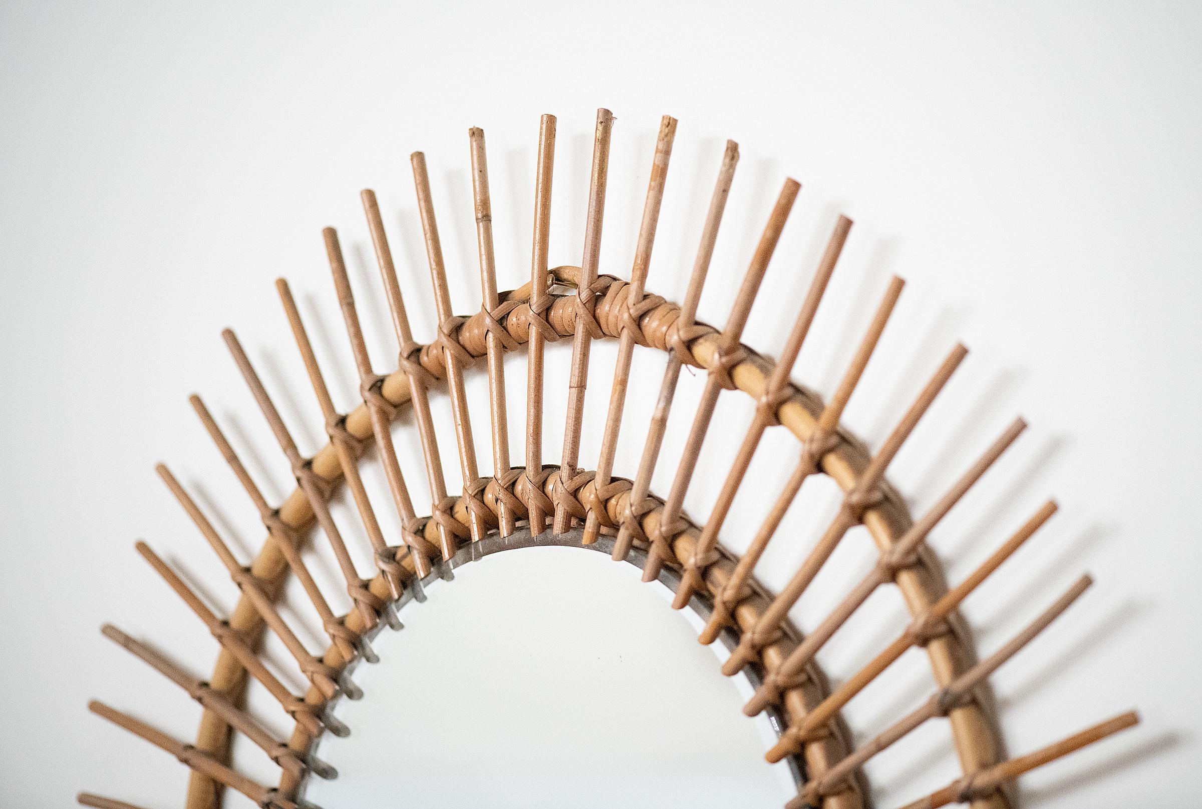 20th Century French Mid-Century Sunburst or Starburst Mirror of Bamboo & Rattan (Dia 27 3/8) For Sale