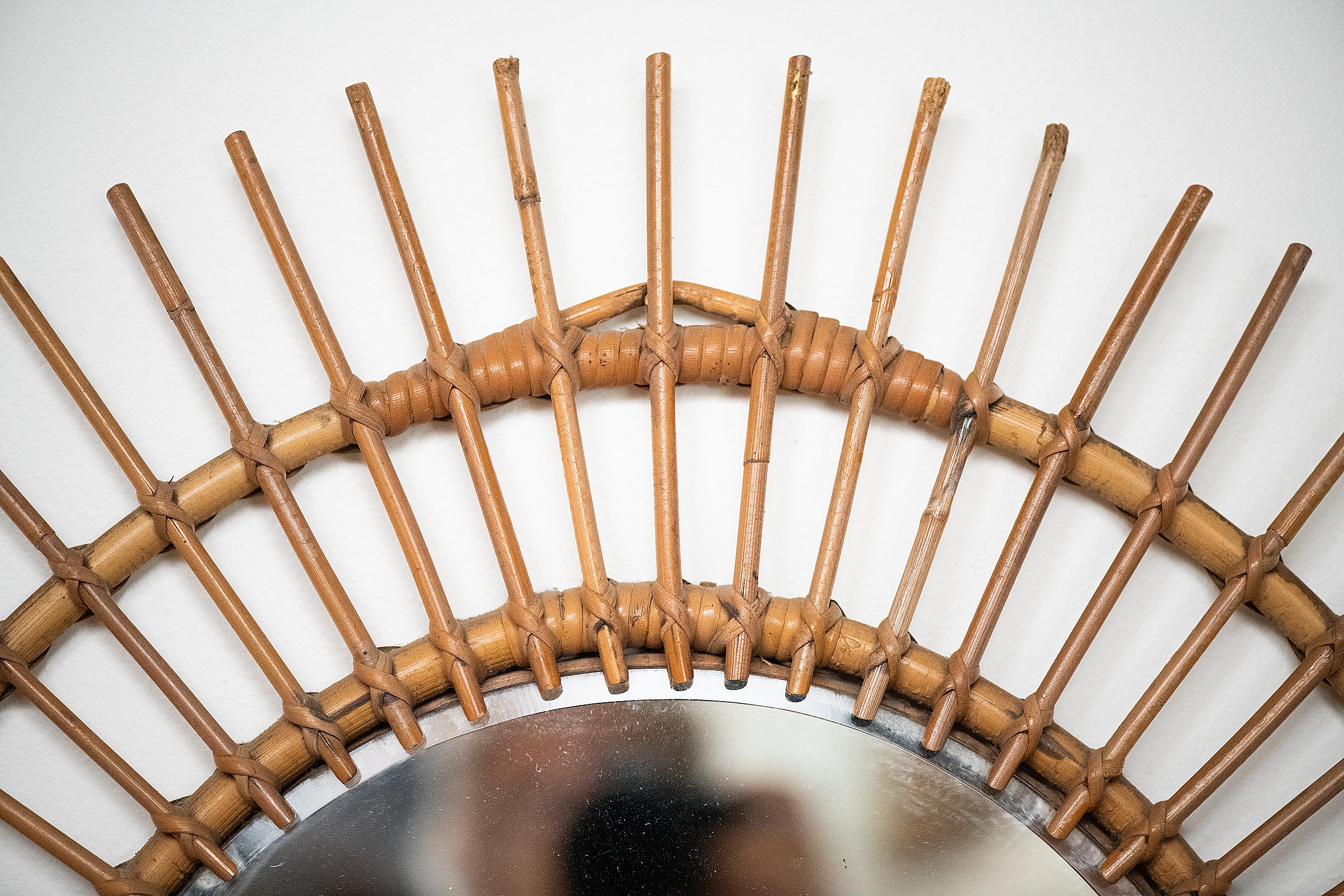 Glass French Mid-Century Sunburst or Starburst Mirror of Bamboo & Rattan (Dia 27 3/8) For Sale