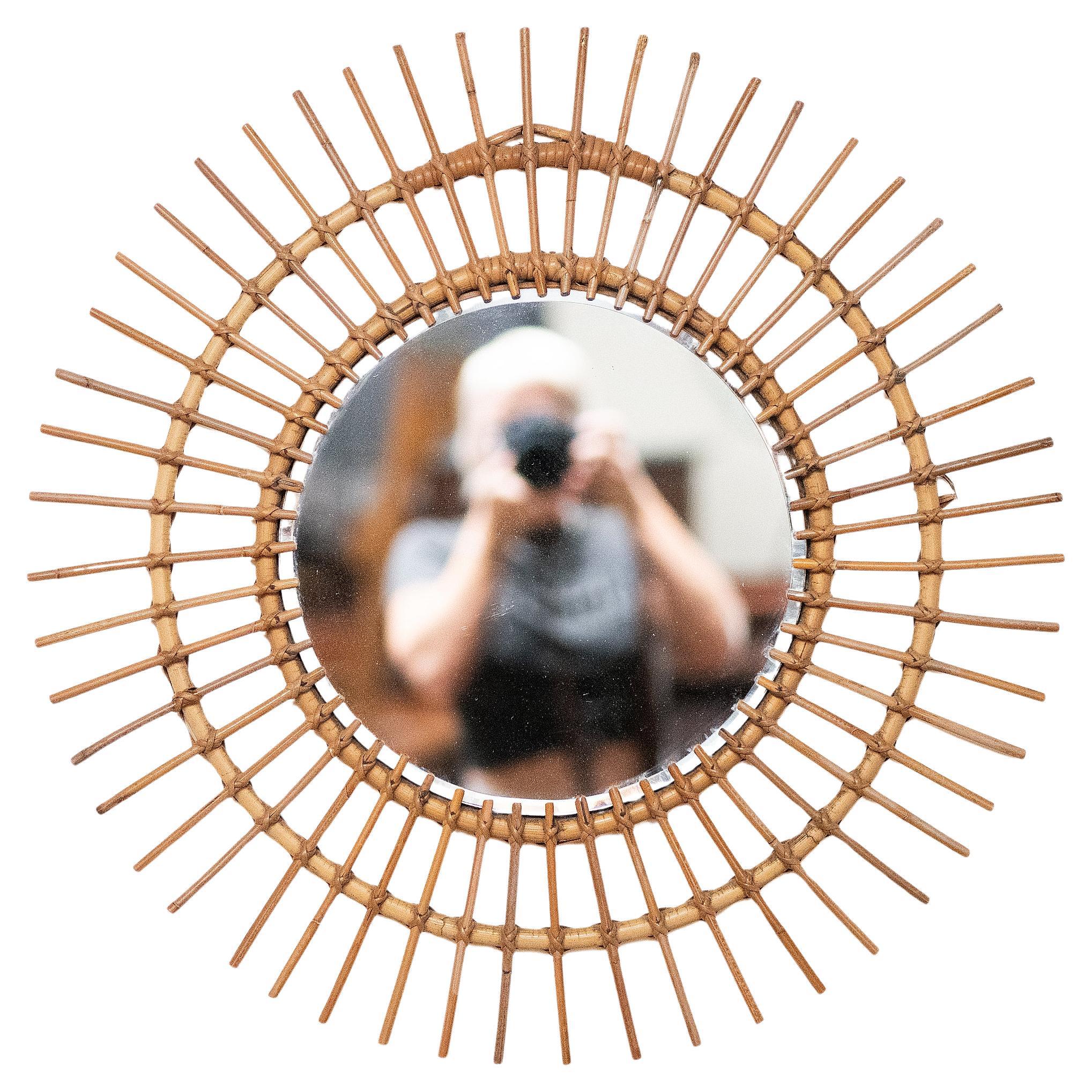 French Mid-Century Sunburst or Starburst Mirror of Bamboo & Rattan (Dia 27 3/8) For Sale