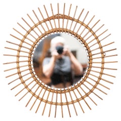 French Mid-Century Sunburst or Starburst Mirror of Bamboo & Rattan (Dia 27 3/8)