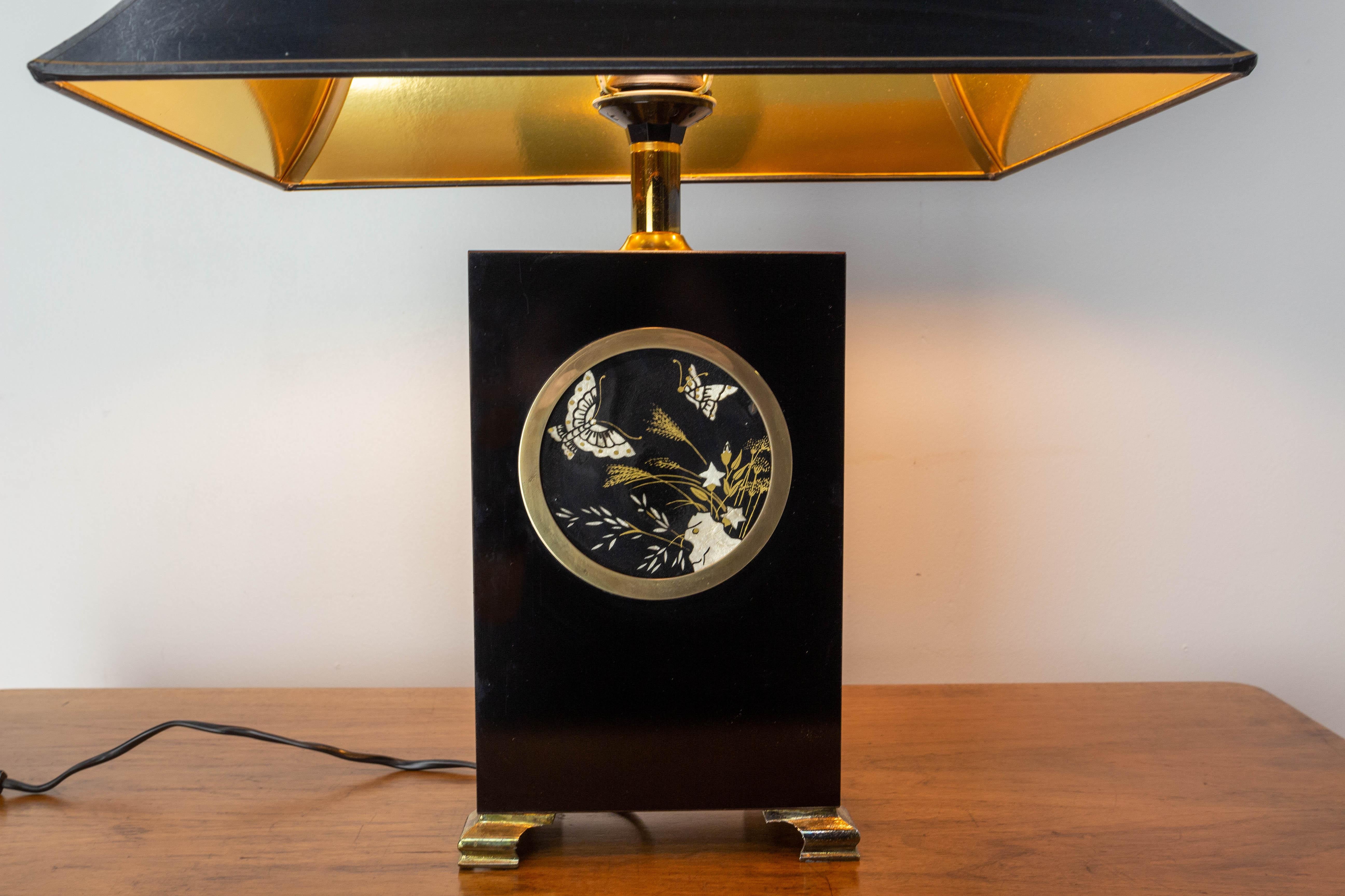 French Mid-Century Table Lamp, Black with a Decof of Butterflies, c. 1970 In Good Condition For Sale In Labrit, Landes