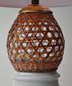 French Mid-Century Table Lamp, Porcelain Base with Woven Cane, 1950s
