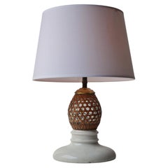 French Mid-Century Table Lamp, Porcelain Base with Woven Cane, 1950s