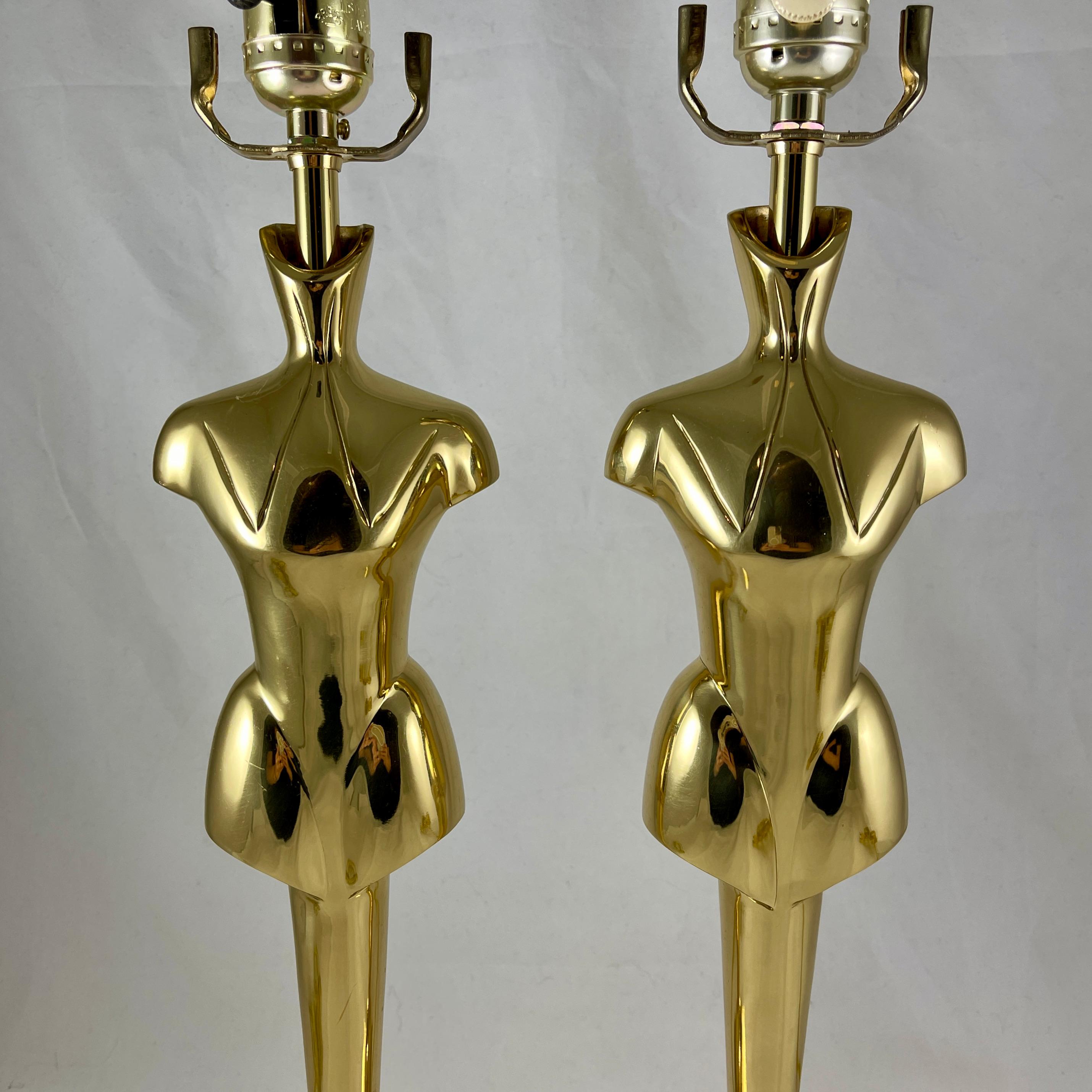 French Mid-Century Tall Brass Gentlemans' Clothier Mannequin Torso Lamps, a Pair In Good Condition For Sale In Philadelphia, PA