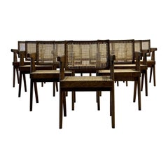 French Mid-Century, Ten Floating Back Dining Chairs, Teak, Cane