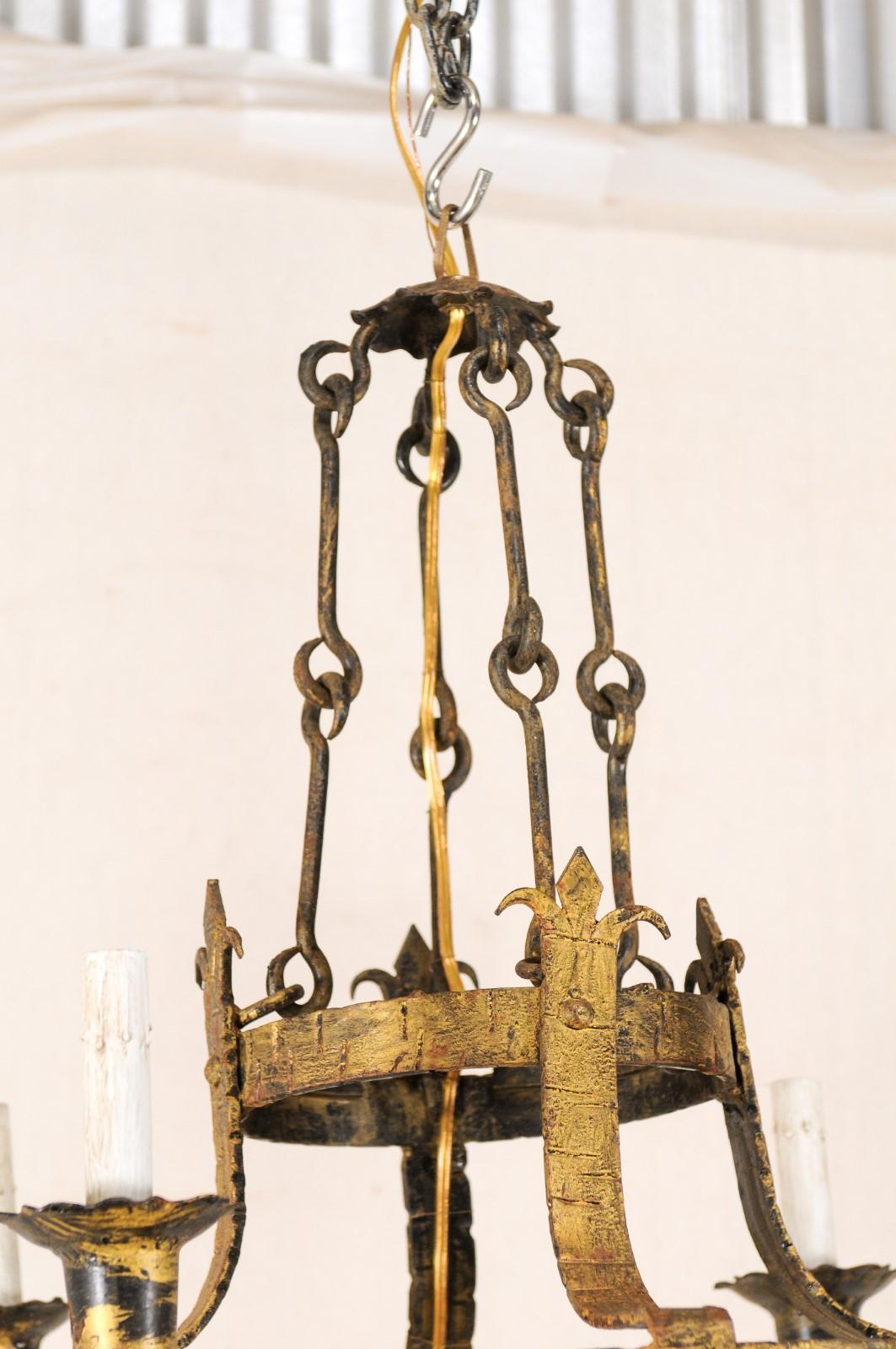 20th Century French Tiered-Ring Gilt Iron Chandelier, Fleur di Lys Motif For Sale