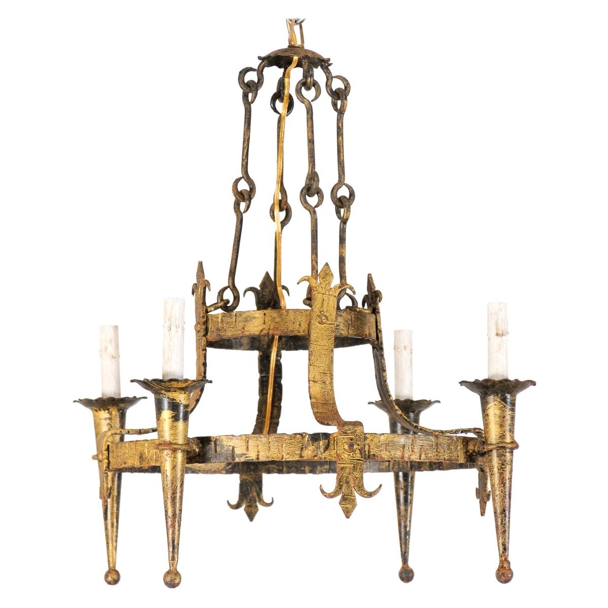 French Tiered-Ring Gilt Iron Chandelier, Fleur di Lys Motif For Sale