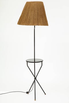 French Midcentury Tripod Iron Black Floor Lamp Horsehair Lampshade, 1950-1960