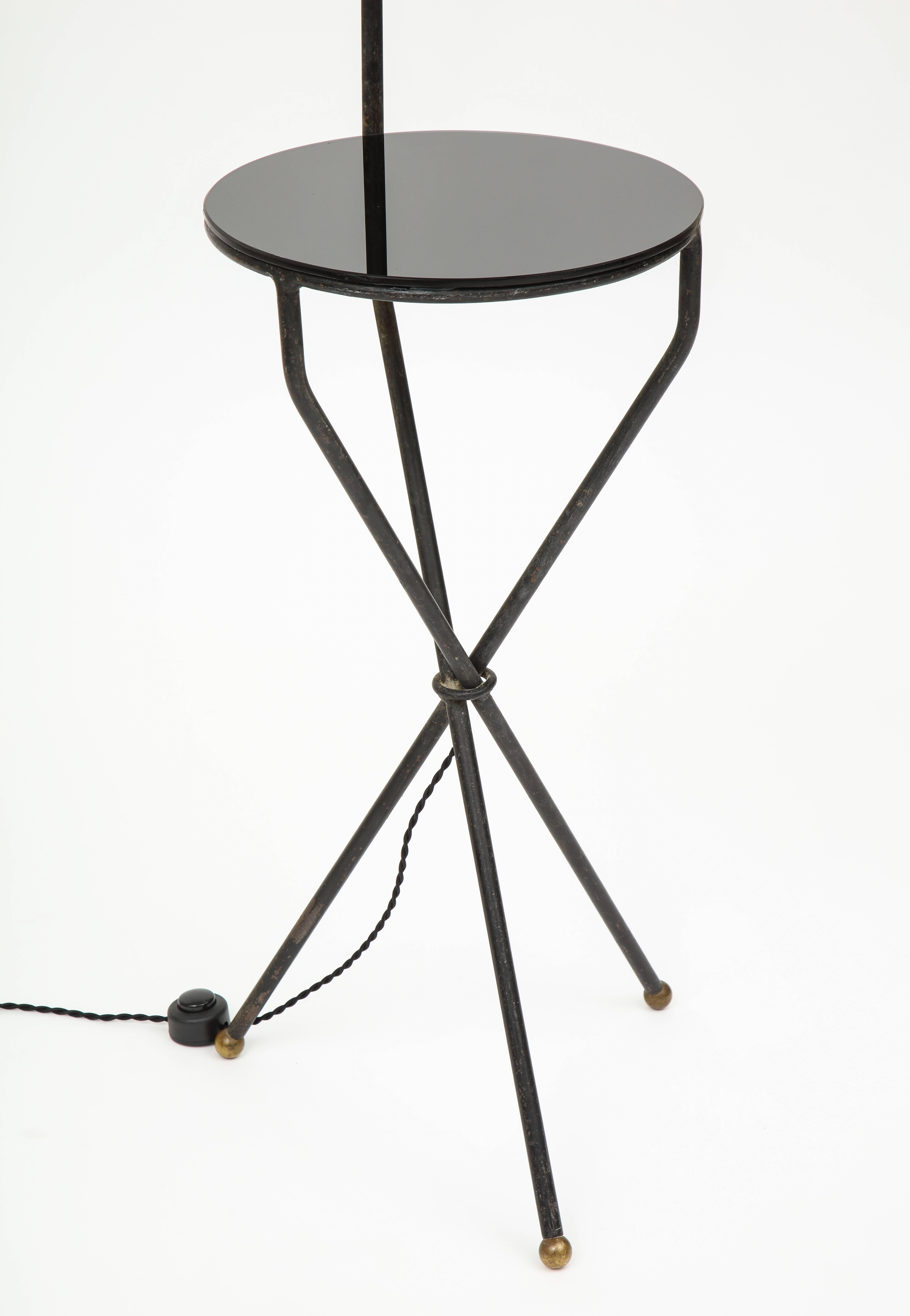 Mid-Century Modern French Midcentury Tripod Iron Black Floor Lamp Horsehair Lampshade, 1950-1960