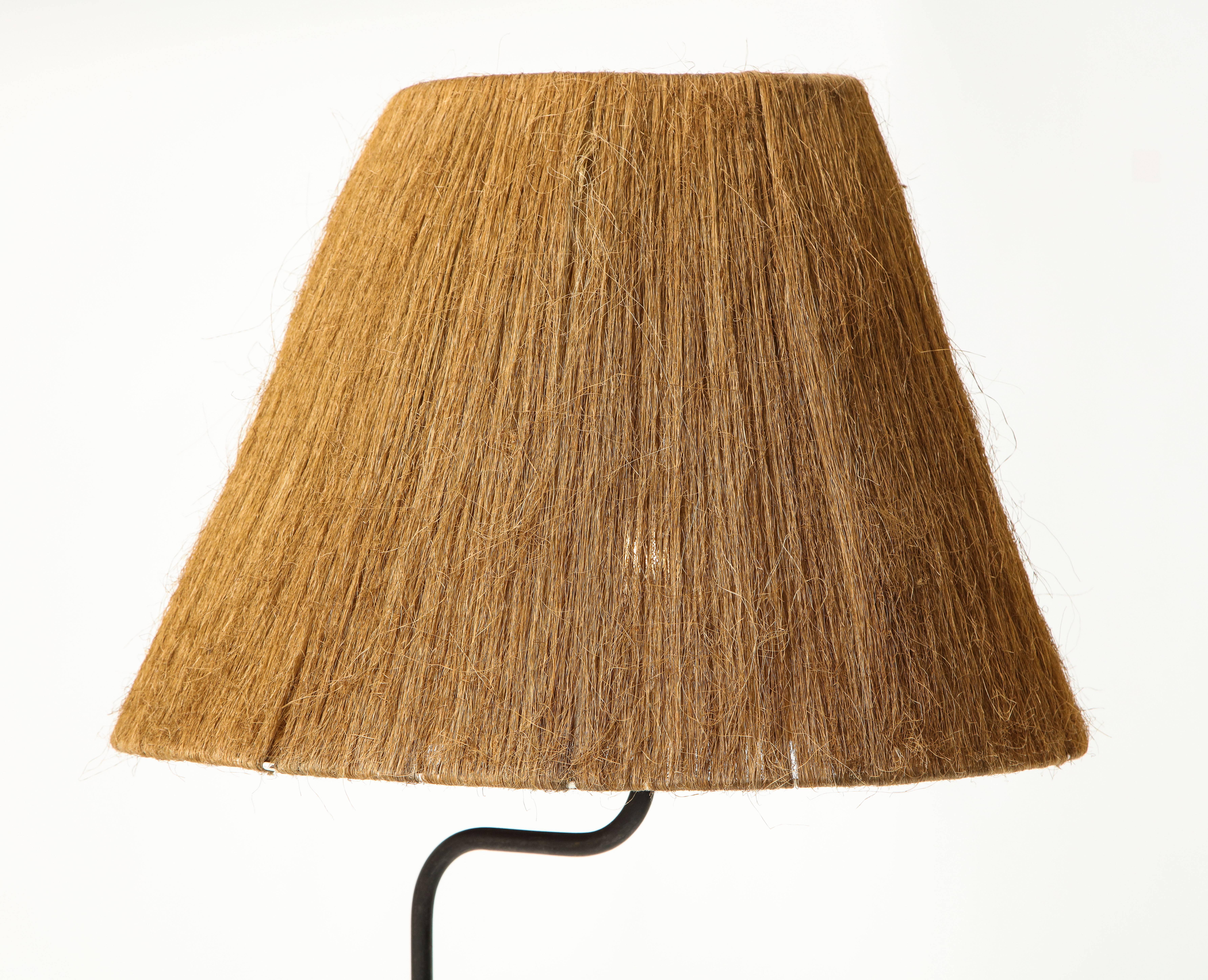 French Midcentury Tripod Iron Black Floor Lamp Horsehair Lampshade, 1950-1960 In Good Condition In New York, NY