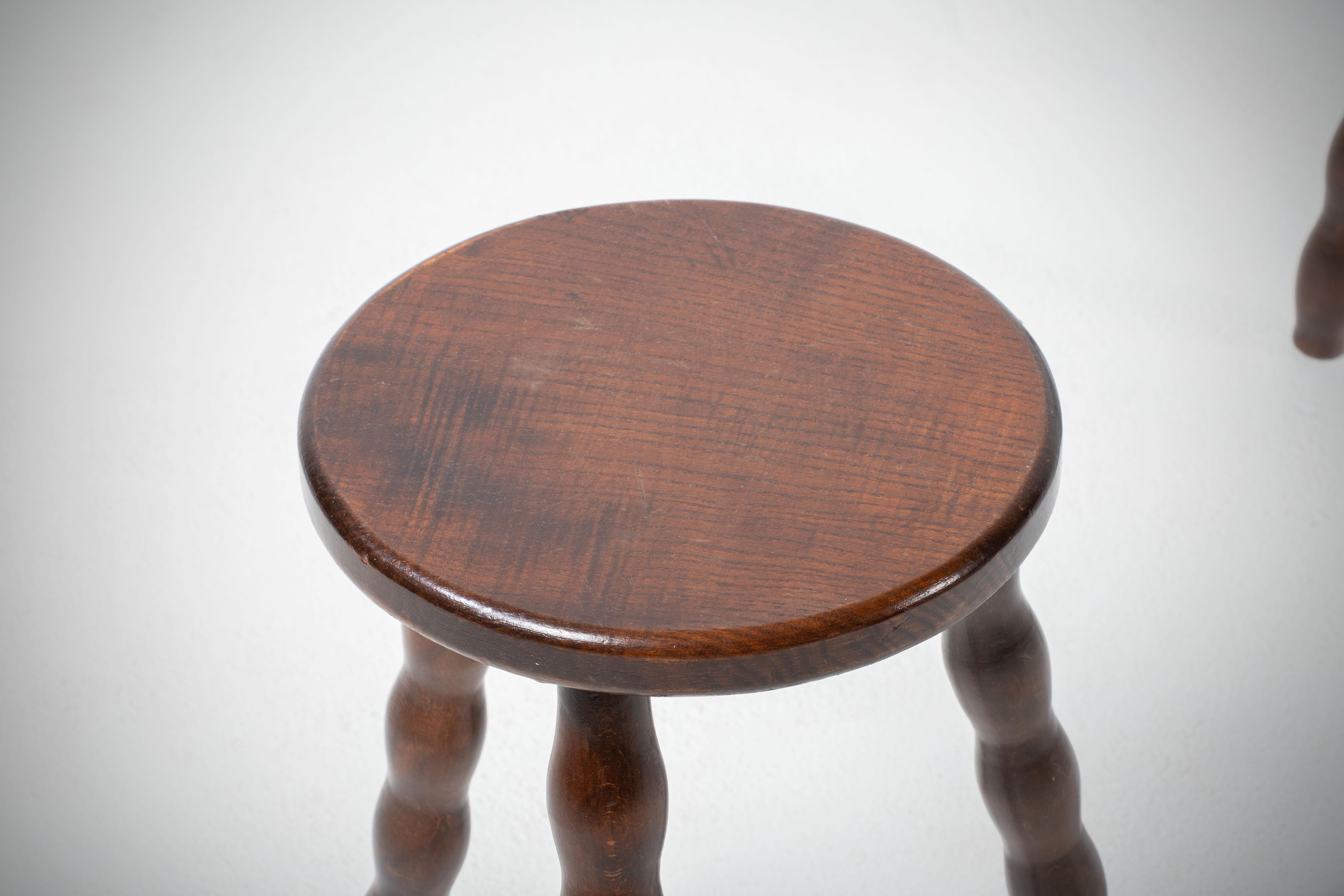 Hand-Carved French Midcentury Tripod Stool, a Pair For Sale