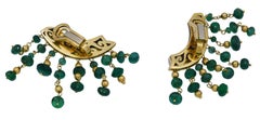 French Mid-Century Two-Color Gold Emerald Bead Fringe Earrings