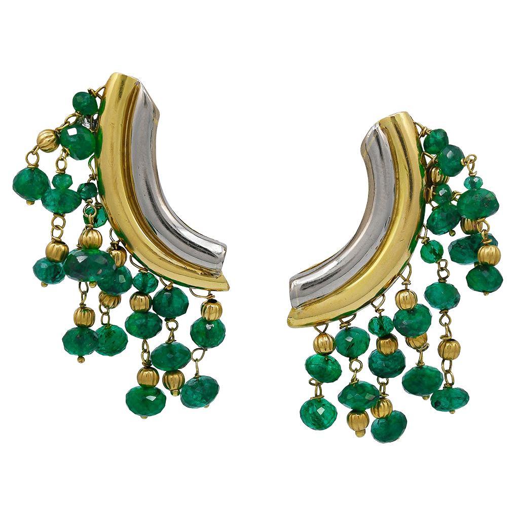 French Mid-Century Two-Color Gold Emerald Bead Fringe Earrings For Sale