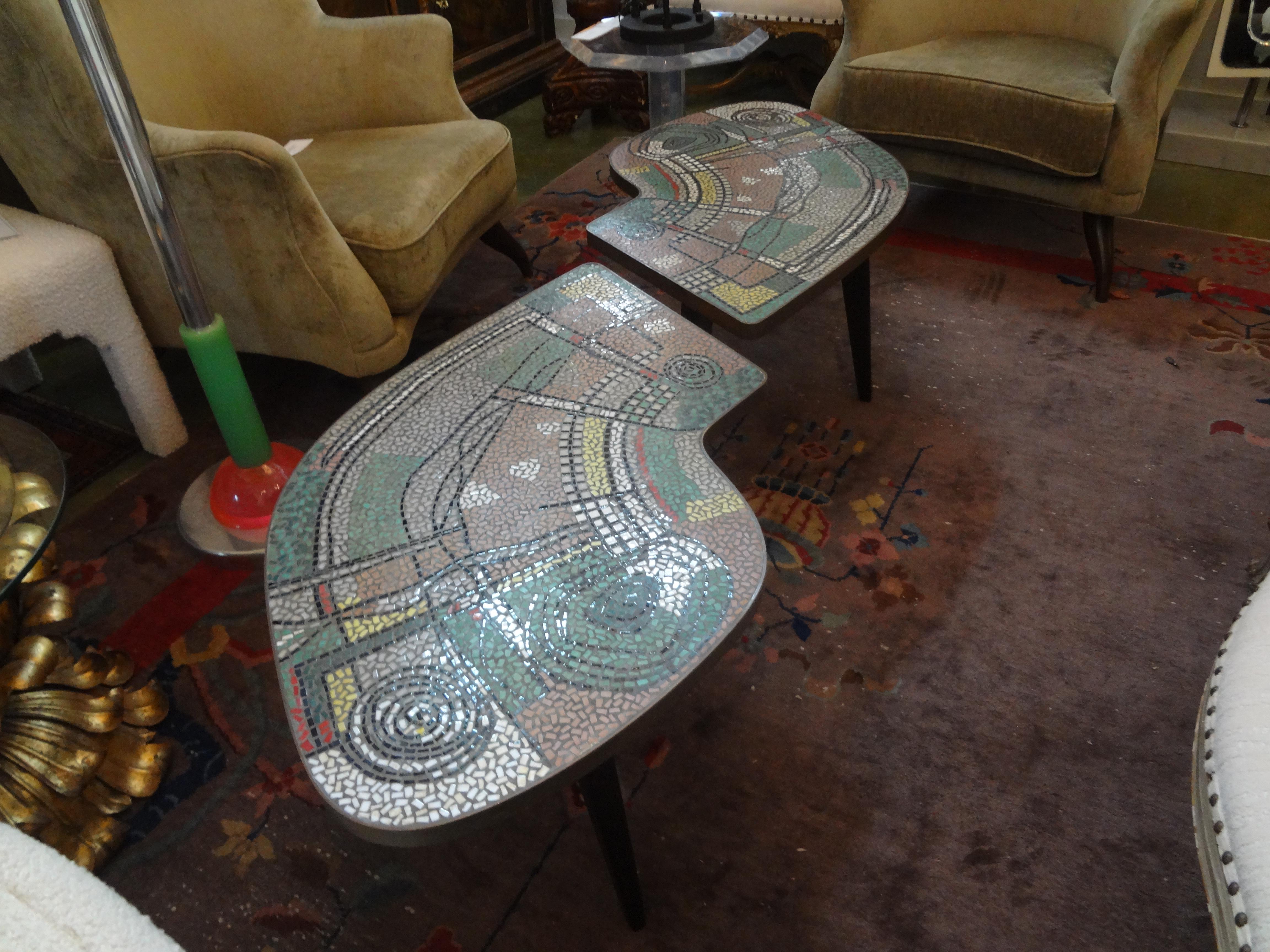 French Mid-Century Two Part Mosaic Tile Topped Curved Table 4