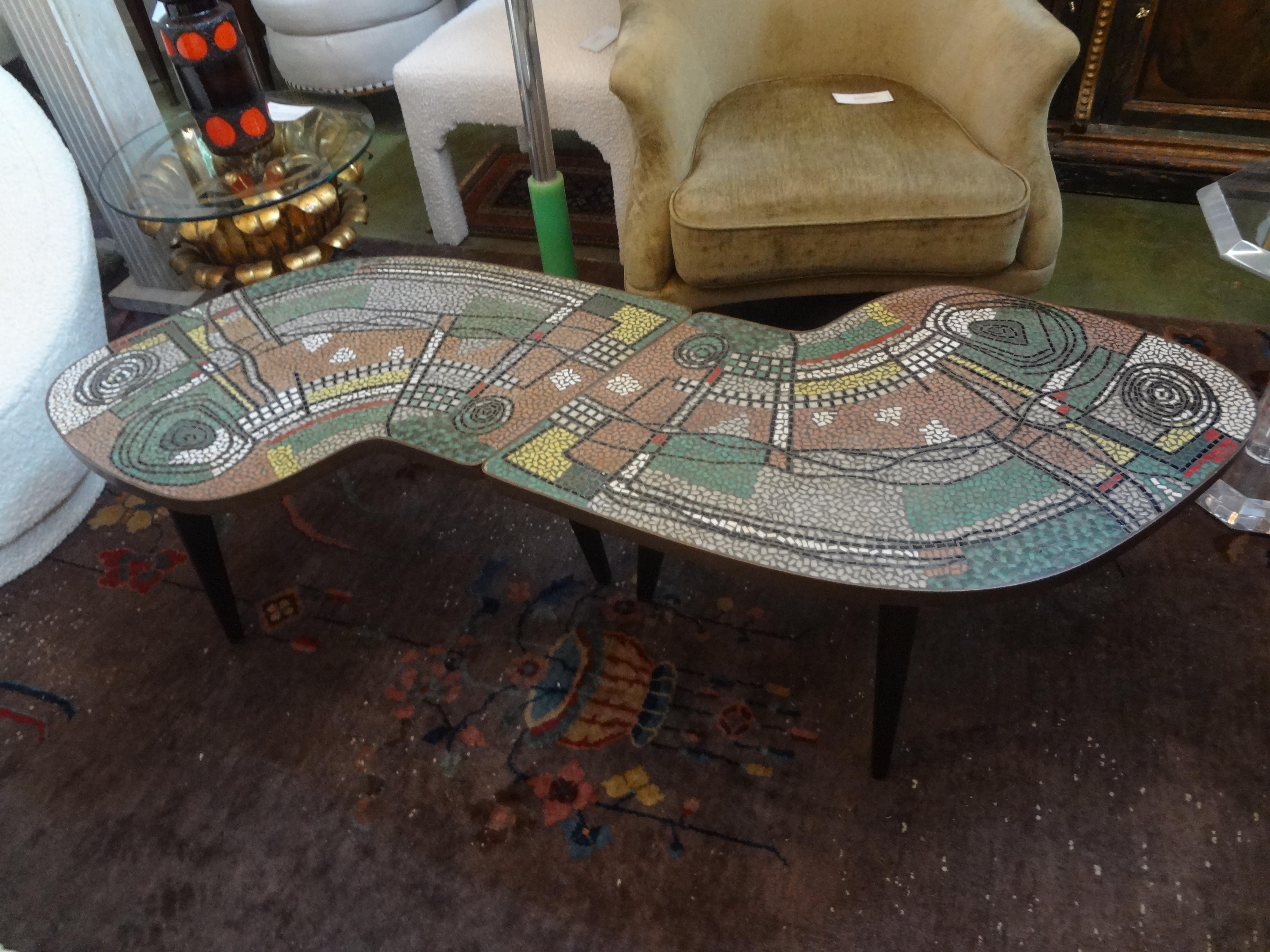 European French Mid-Century Two Part Mosaic Tile Topped Curved Table