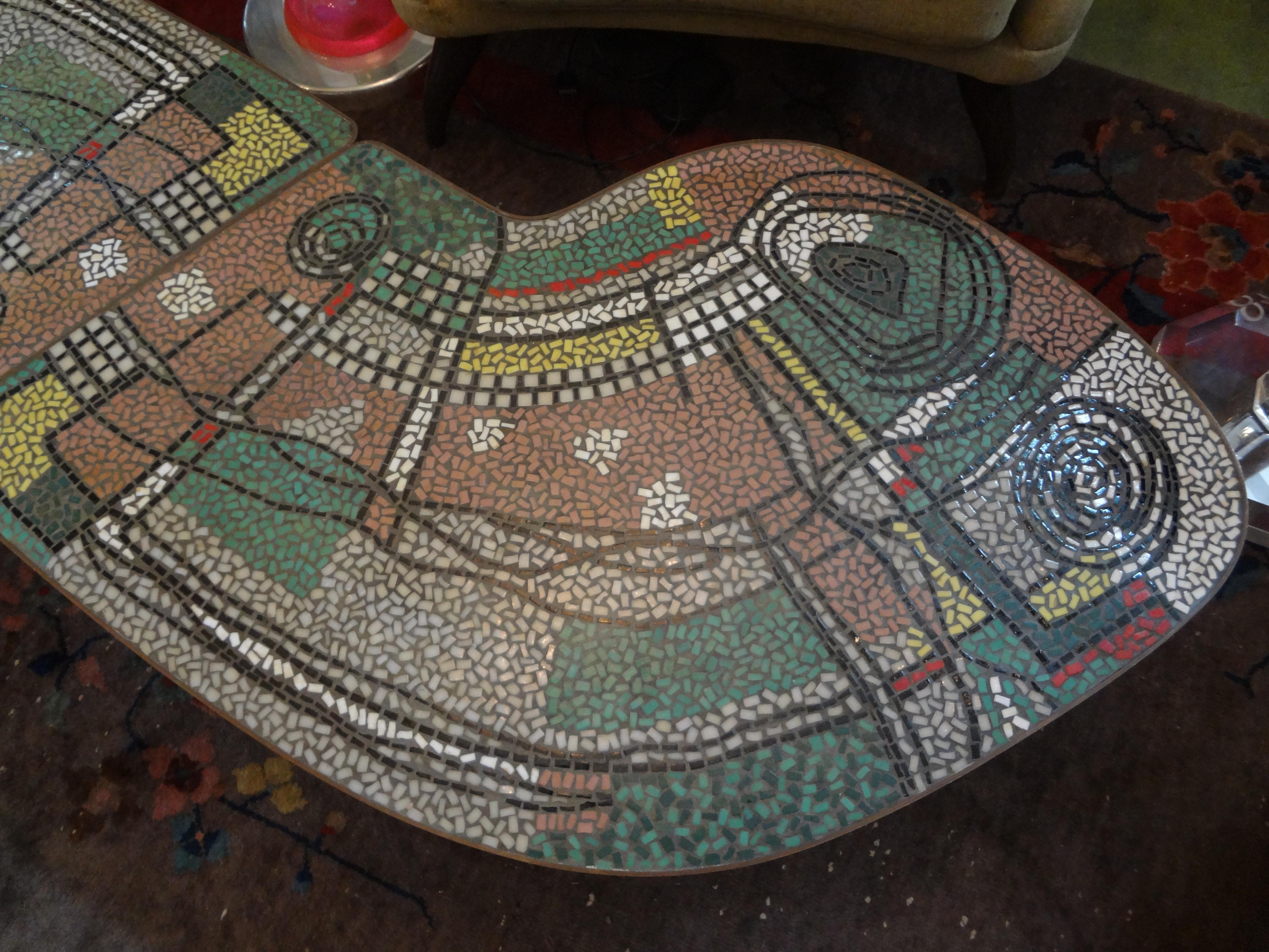 French Mid-Century Two Part Mosaic Tile Topped Curved Table In Good Condition In Houston, TX