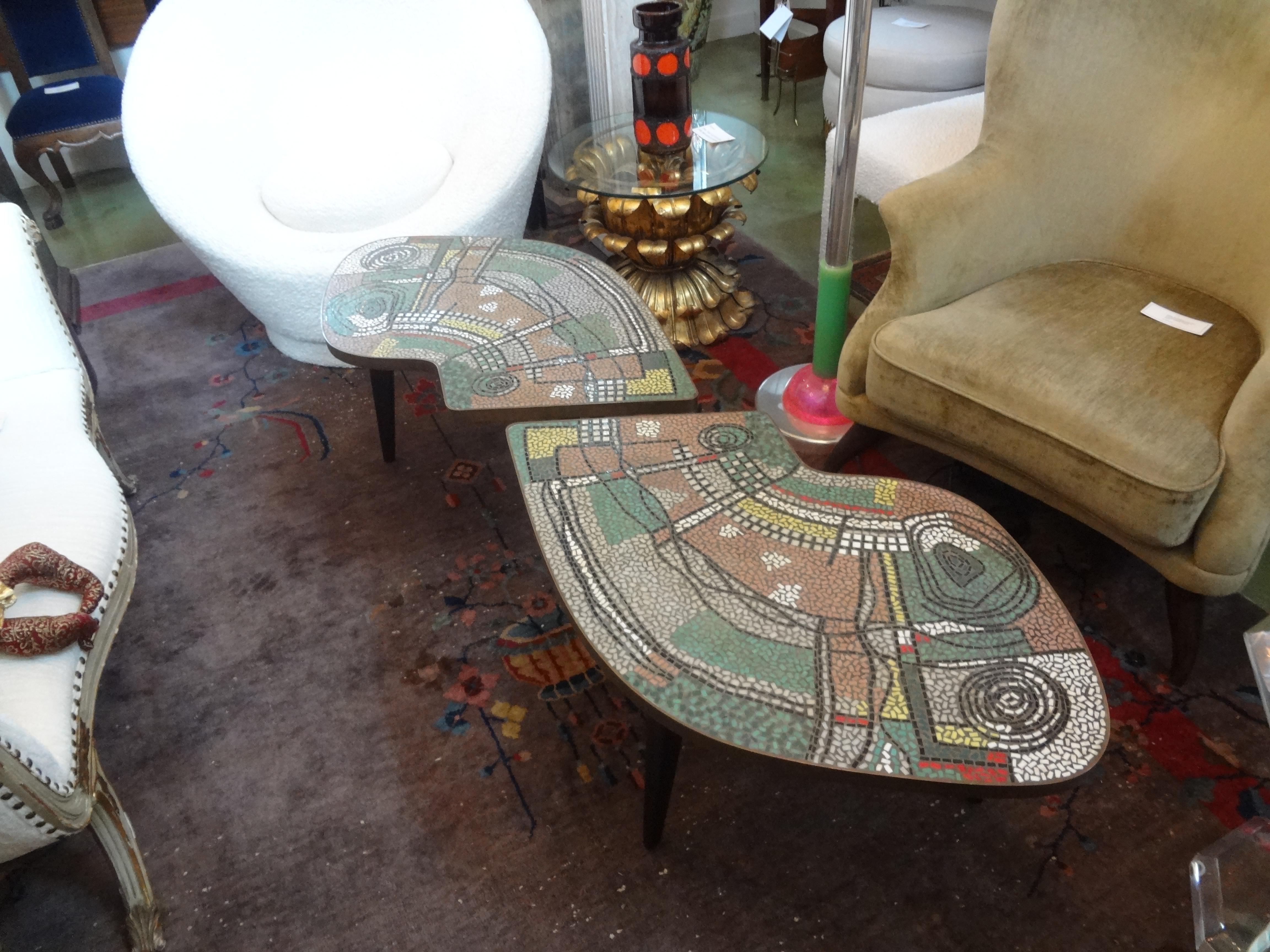 French Mid-Century Two Part Mosaic Tile Topped Curved Table 2