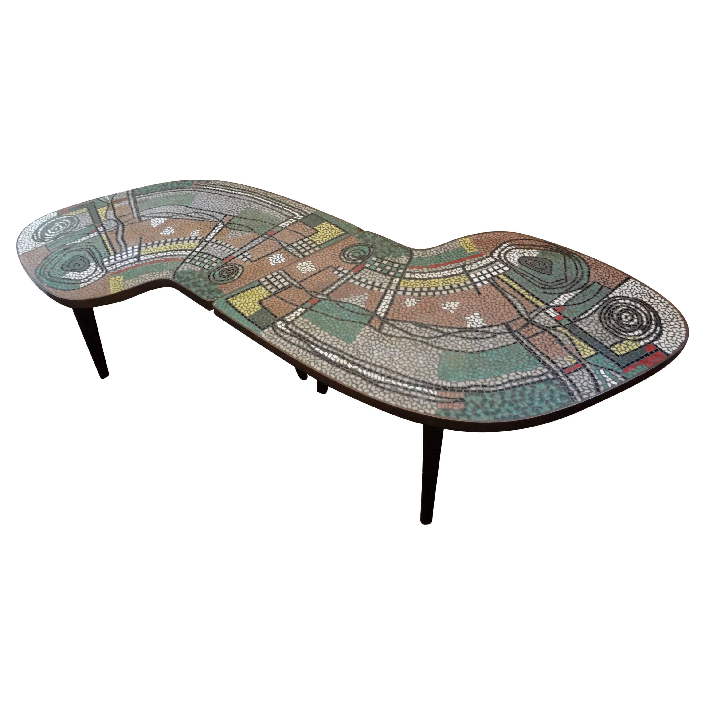 French Mid-Century Two Part Mosaic Tile Topped Curved Table