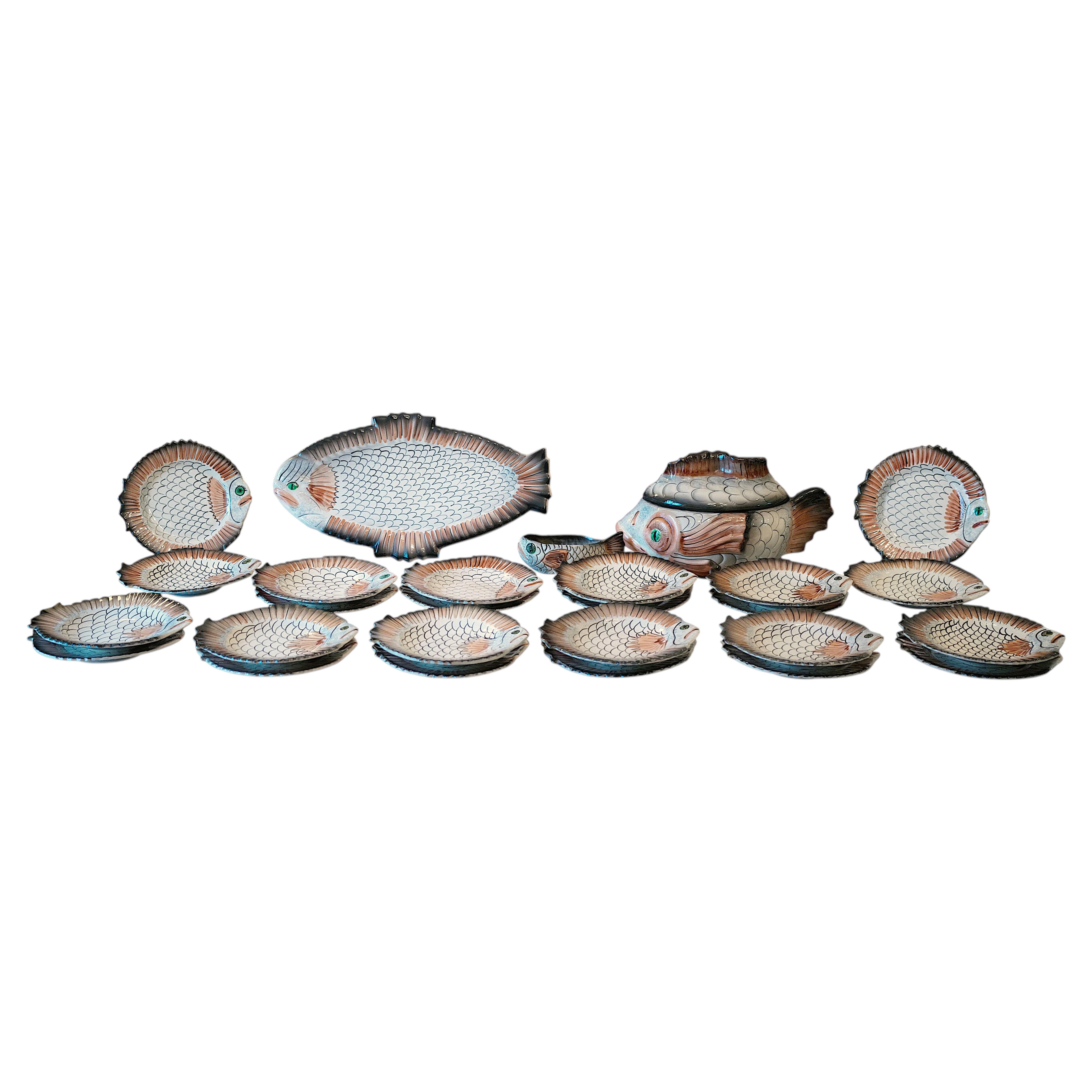 French Mid-Century Vallauris Ceramic Fish Dinner Set, 27 Pieces, 1960s