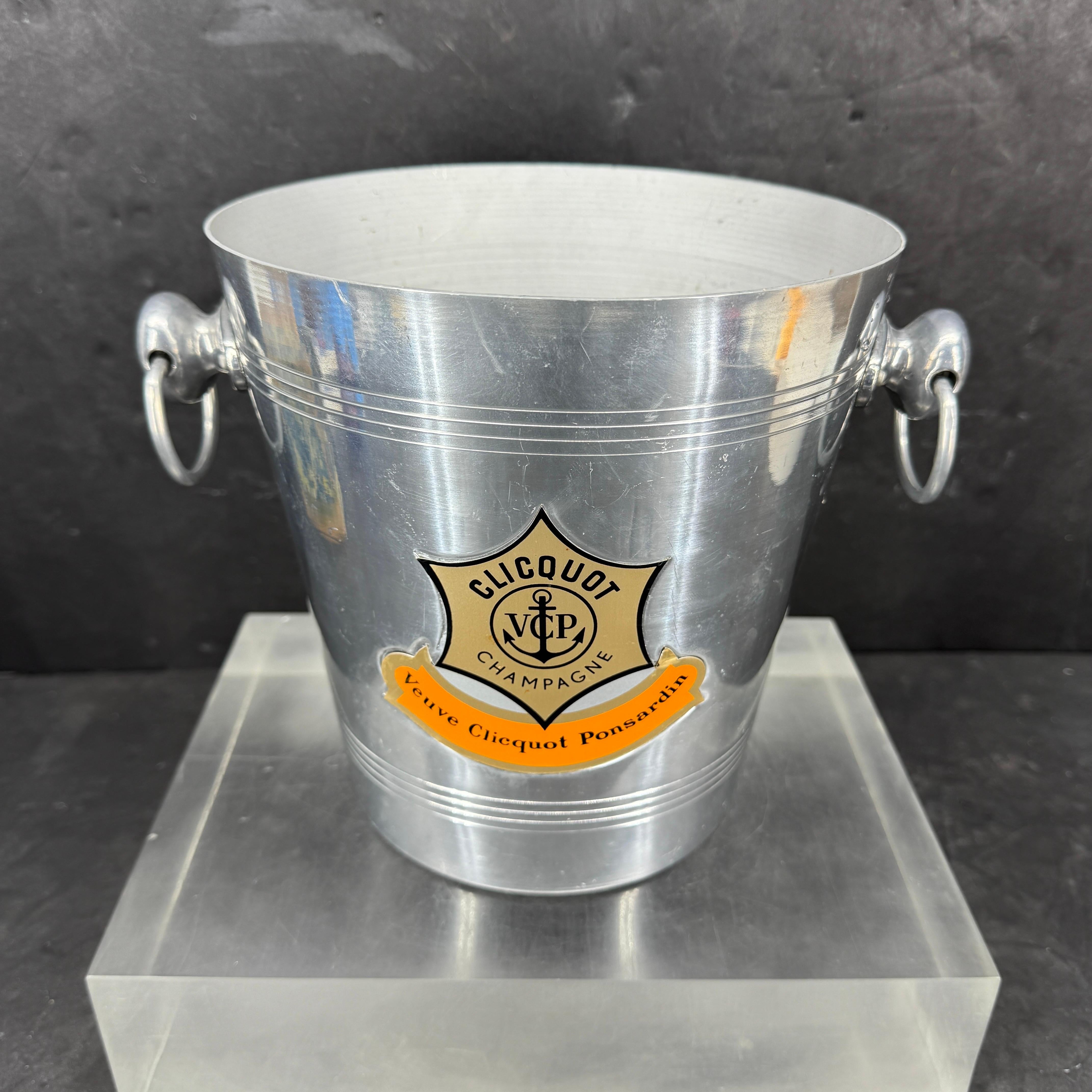 Vintage French Champagne Ice Bucket, 1950's France. These aluminum champagne buckets from France were used in the 1950's and 1960's and typically were marked with the Vintner's name. This particular one is labeled Veuve Clicquot Ponsardin. These