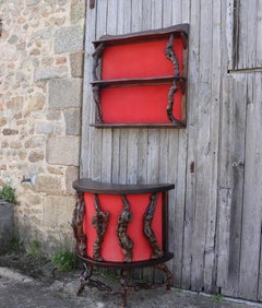 French Mid-Century Vine Wood Sculptural Bar Counter and Vine Wall Shelf-50s