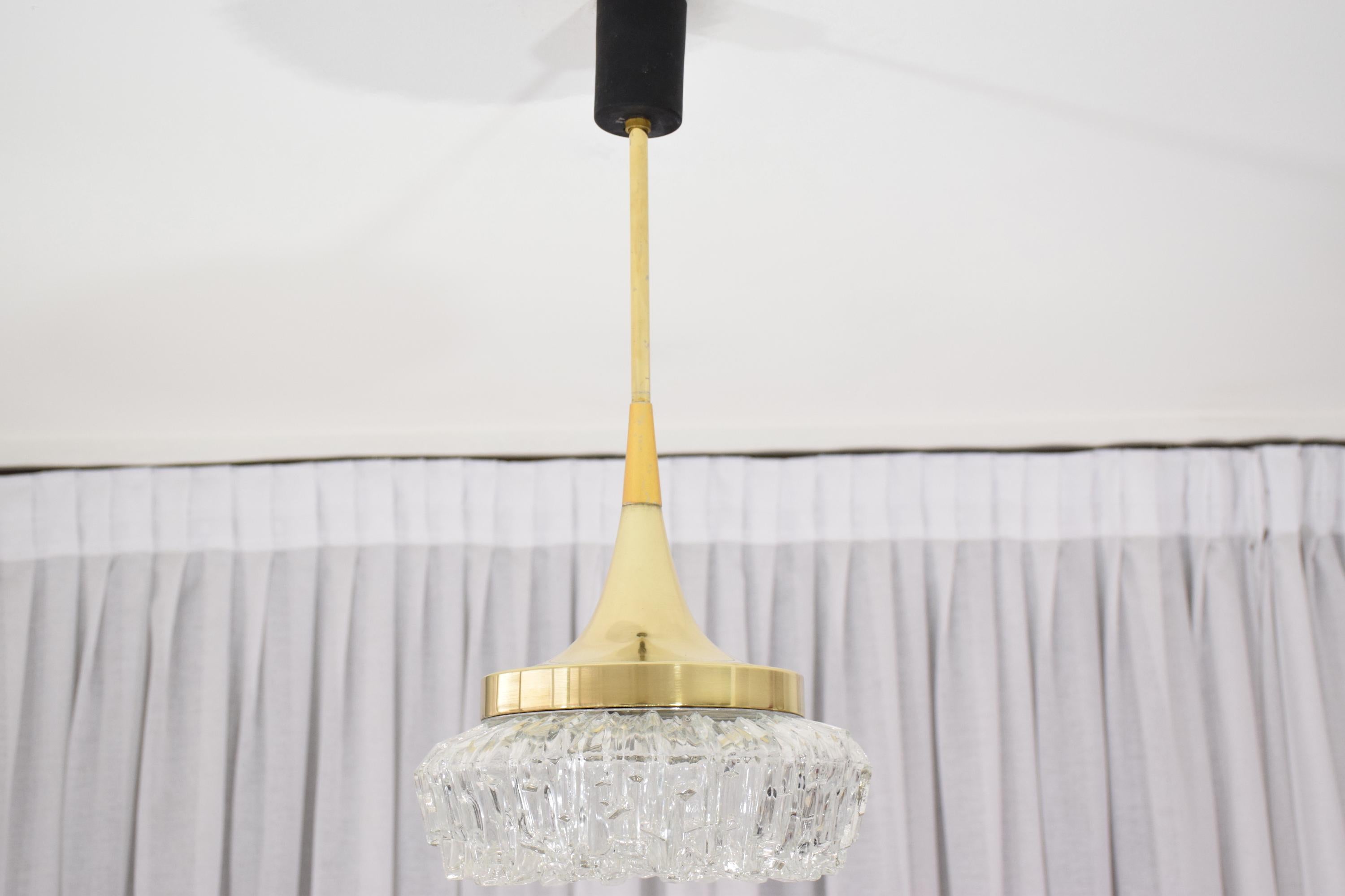 French Mid-Century Brass Glass Pendant Light Attributed to Arlus, 1950s 7