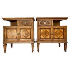 French Mid Century Walnut Nightstands with Marquetry, Set of Two