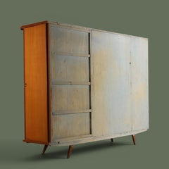 French Mid-Century Wardrobe, Sycamore and Fabric, Compass Legs, 1950s