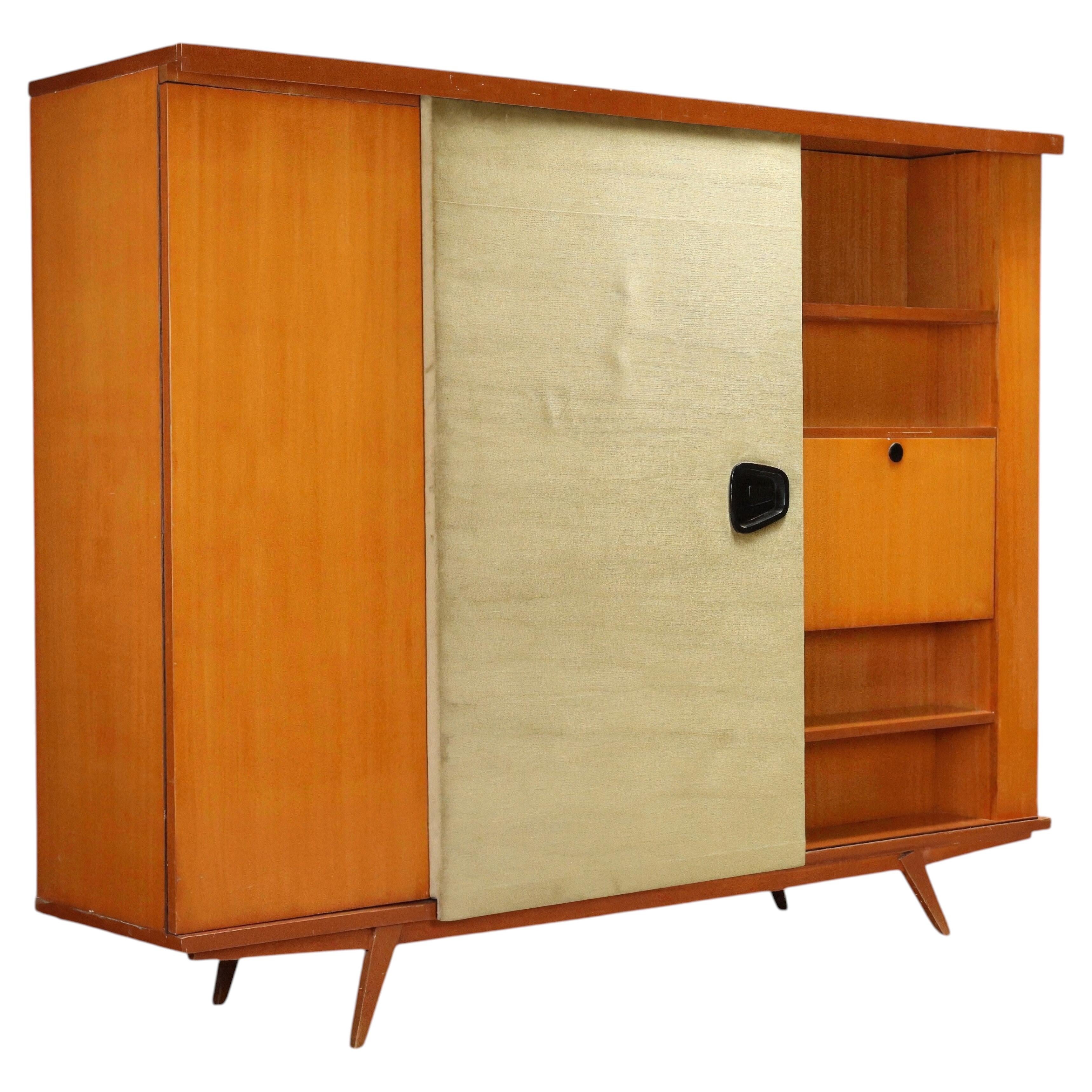 French Mid-Century Wardrobe, Sycamore and Fabric, Compass Legs, 1950s For Sale