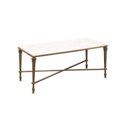 French Mid-Century White Marble & Brass Coffee Table