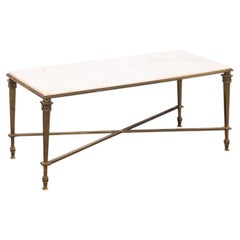 French Mid-Century White Marble & Brass Coffee Table