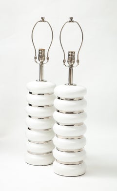 French Mid Century White Porcelain, Platinum Lamps