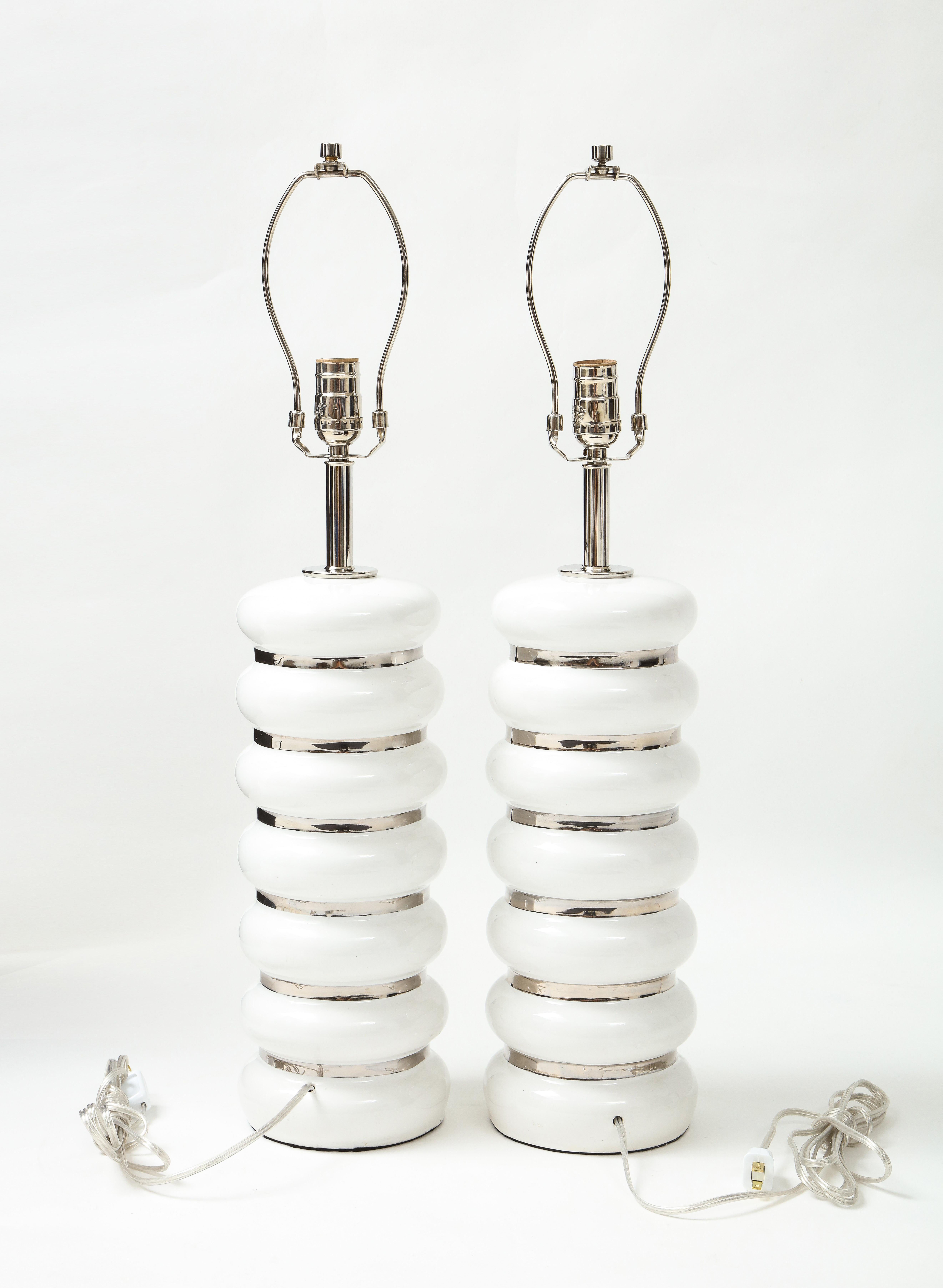 Modern French Mid Century White Porcelain, Platinum Lamps For Sale