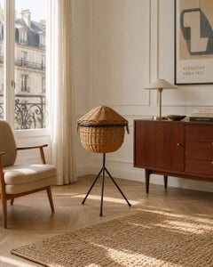 French Mid-Century Wicker Basket with Lid, 1950s Elegant Storage