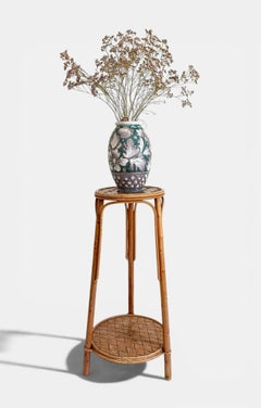 French Mid-Century Wood, Bamboo and Reed Two-Tier Plant Stand or Gueridon, 1960s