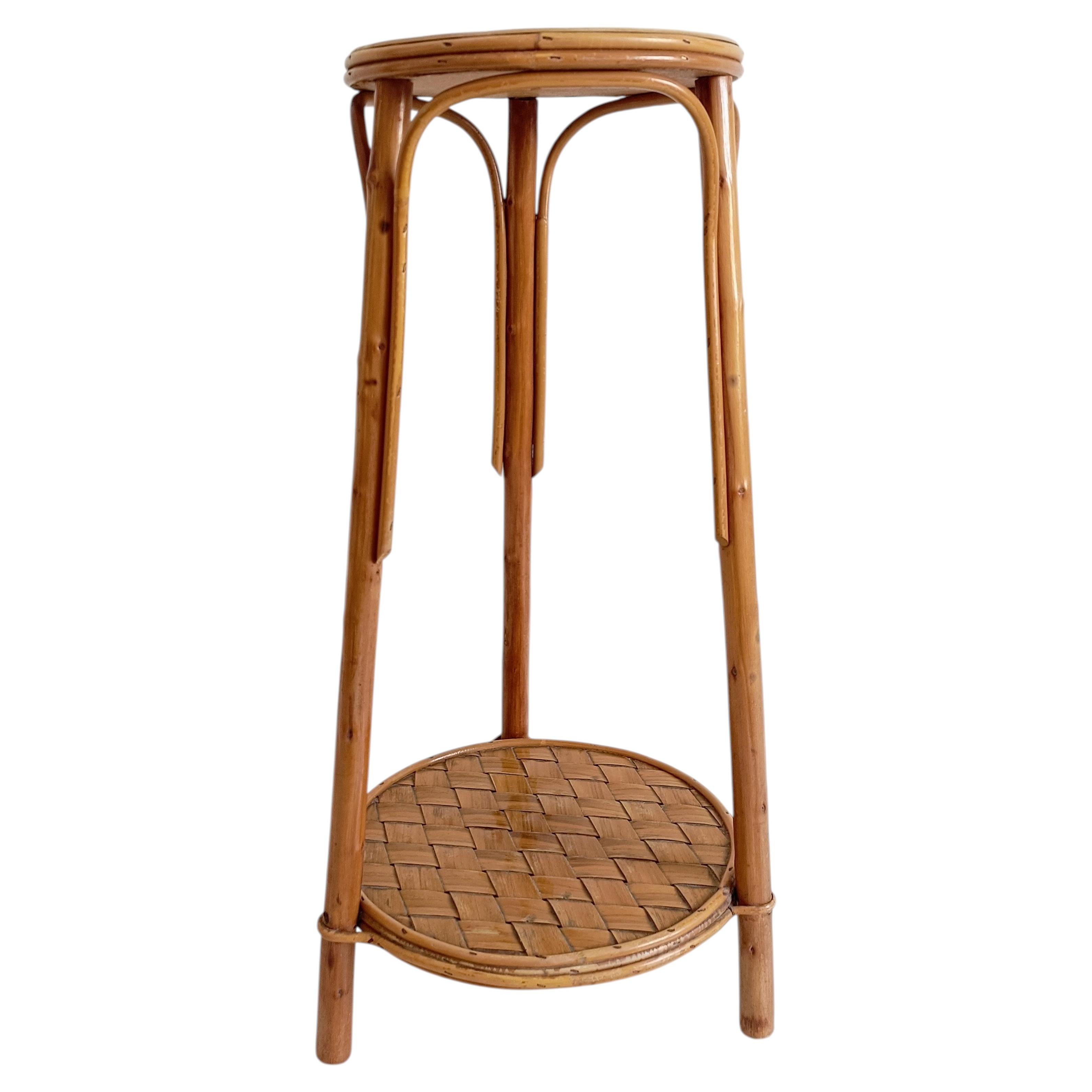 French Mid-Century Wood, Bamboo and Reed Two-Tier Plant Stand or Gueridon, 1960s