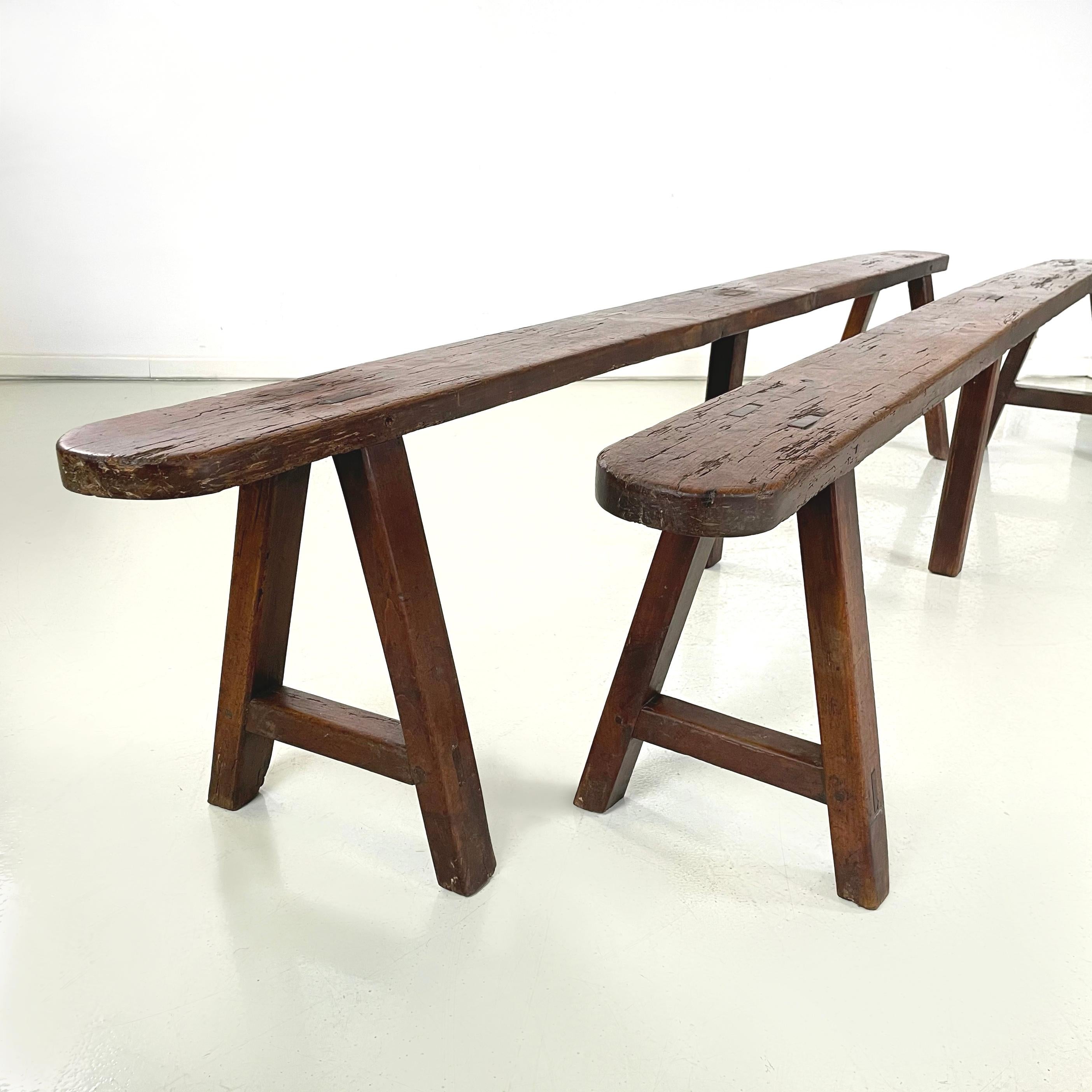 French mid-century Wooden benches with narrow and long seat, 1930s 4