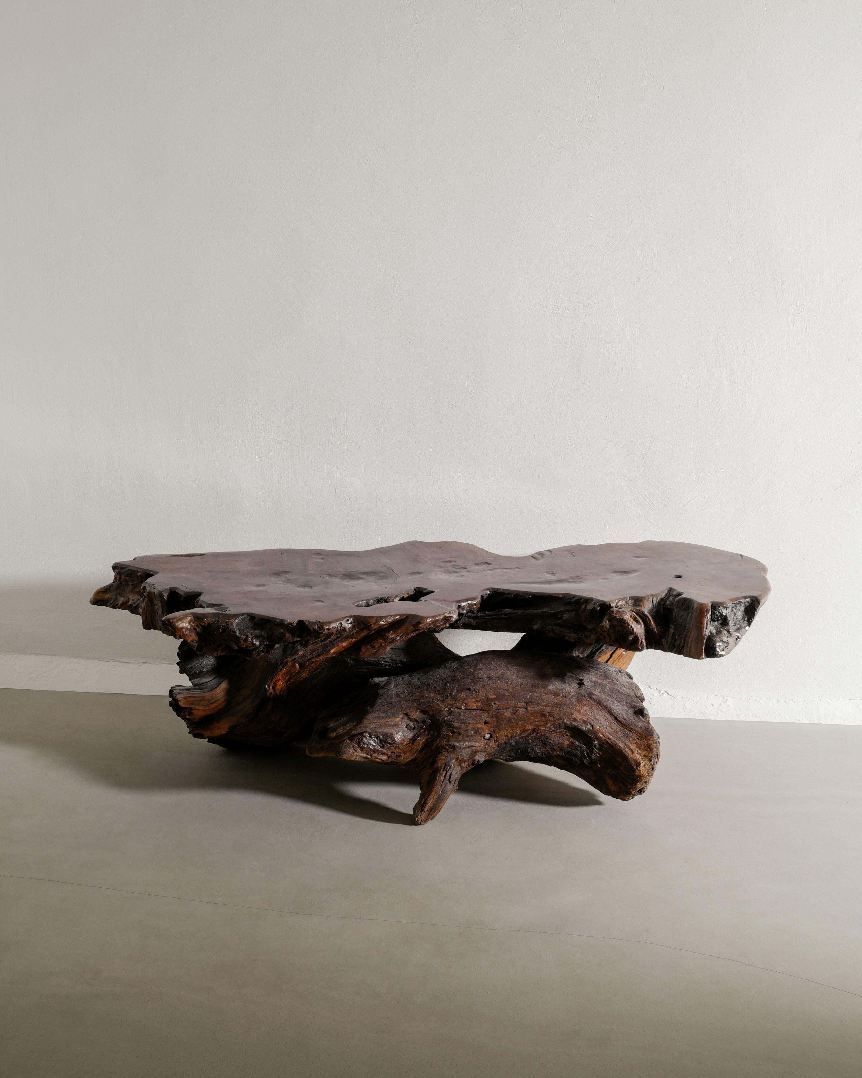 Rare grande table basse sculpturale en bois brutaliste du milieu du siècle, en orme teinté foncé, produite en France dans les années 1950. En bon état d'origine. 

Dimensions : H : 45 cm / 17.75