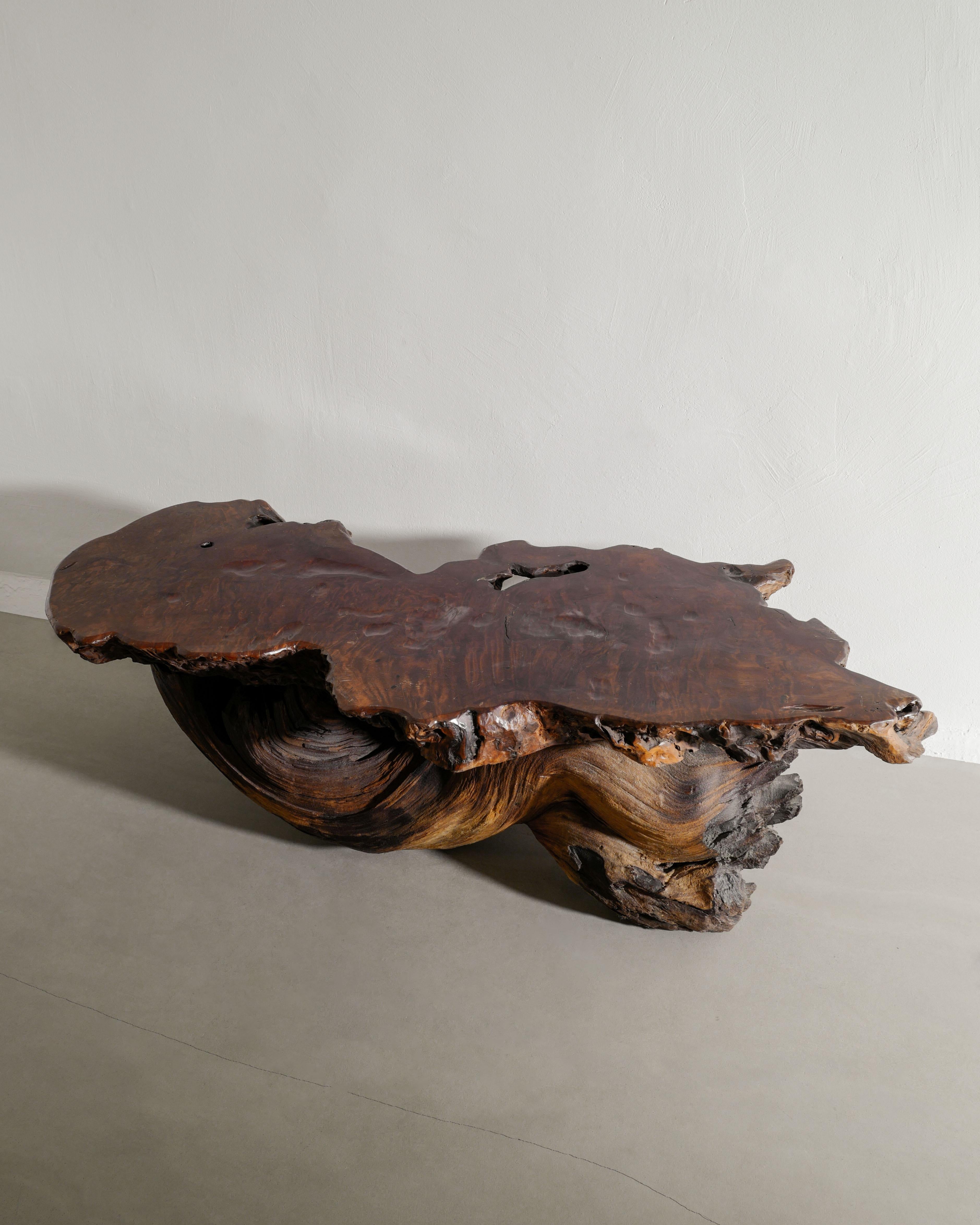 Orme Table de canapé d'appoint en bois brutaliste du milieu du siècle en orme foncé, années 1950 en vente