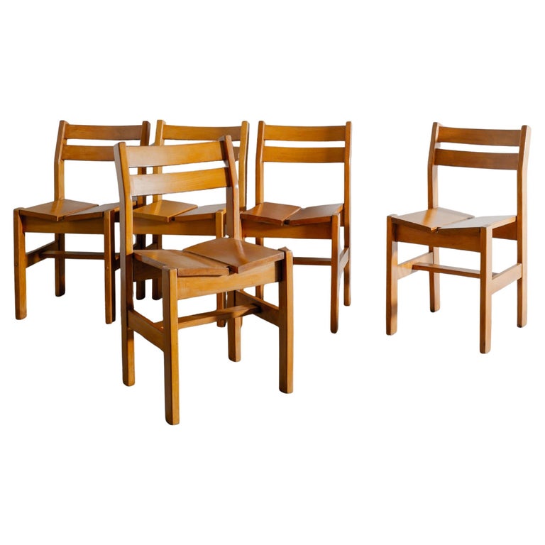 French Mid Century Wooden Dining Chairs in Elm attributed to