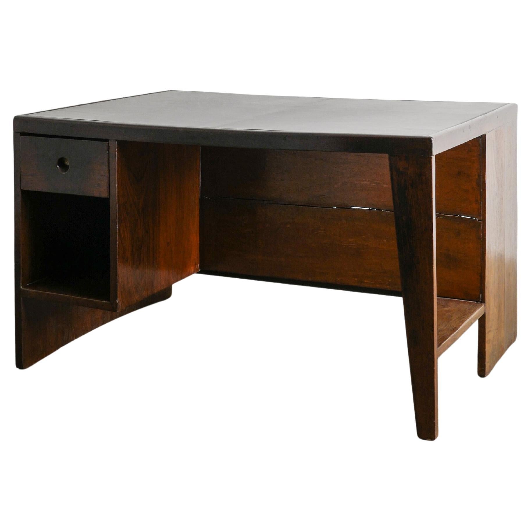French Mid Century Wooden "Pigeon Hole" Teak Leather Desk by Pierre Jeanneret