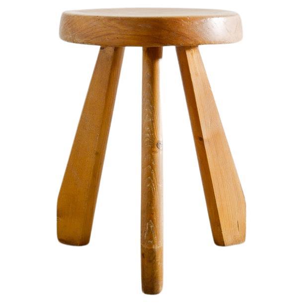 French Mid Century Wooden Pine "Sandoz" Stool by Charlotte Perriand for Les Arcs For Sale
