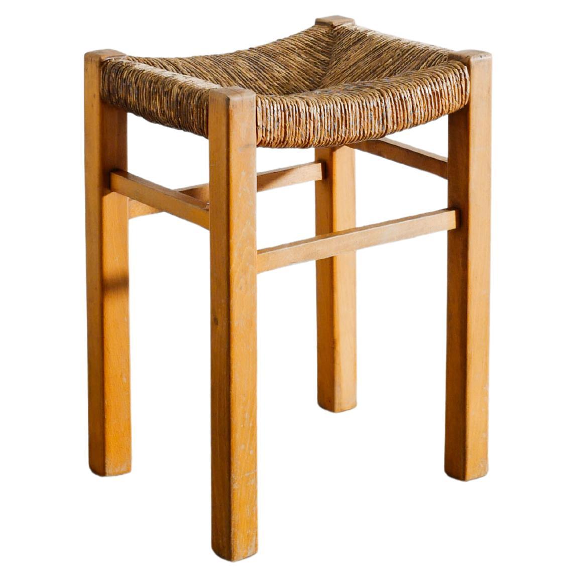 French Mid Century Wooden Straw Rattan Stool Attr. to Charlotte Perriand, 1960s
