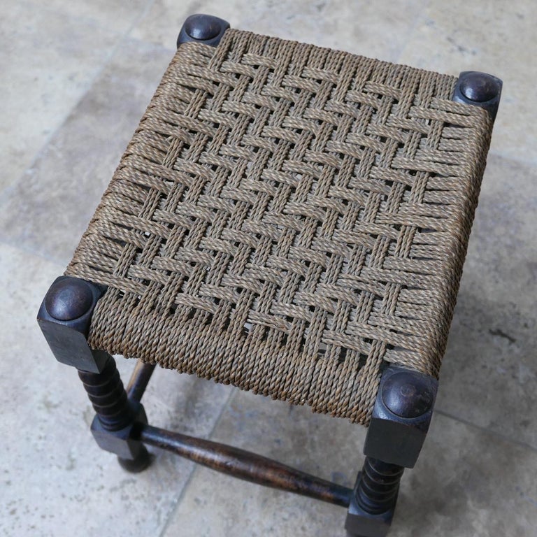 French Midcentury Woven Cord Wooden Stool or Side Table at 1stDibs