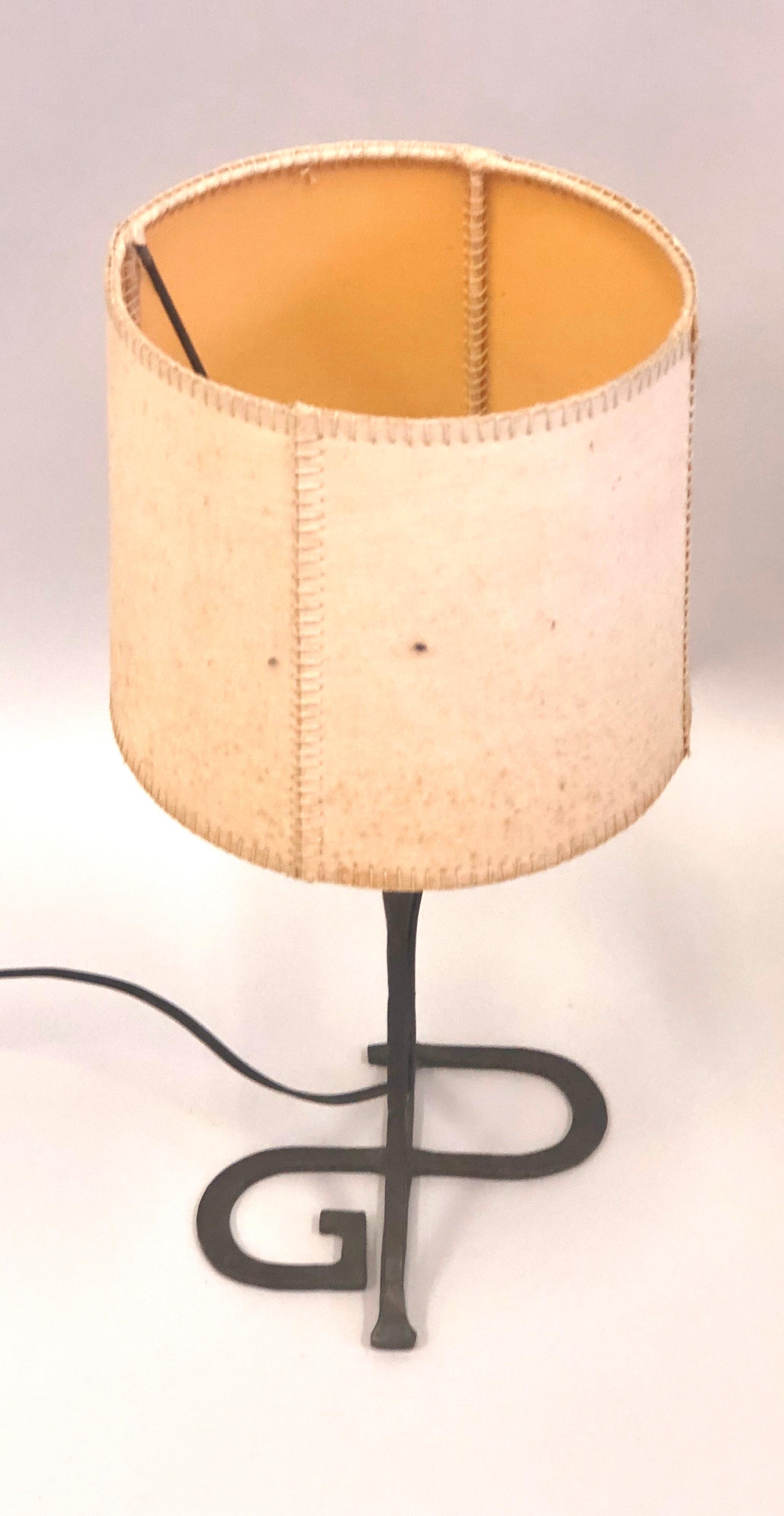 20th Century French Mid-Century Wrought Iron & Parchment Table Lamp Attr to Gilbert Poillerat For Sale