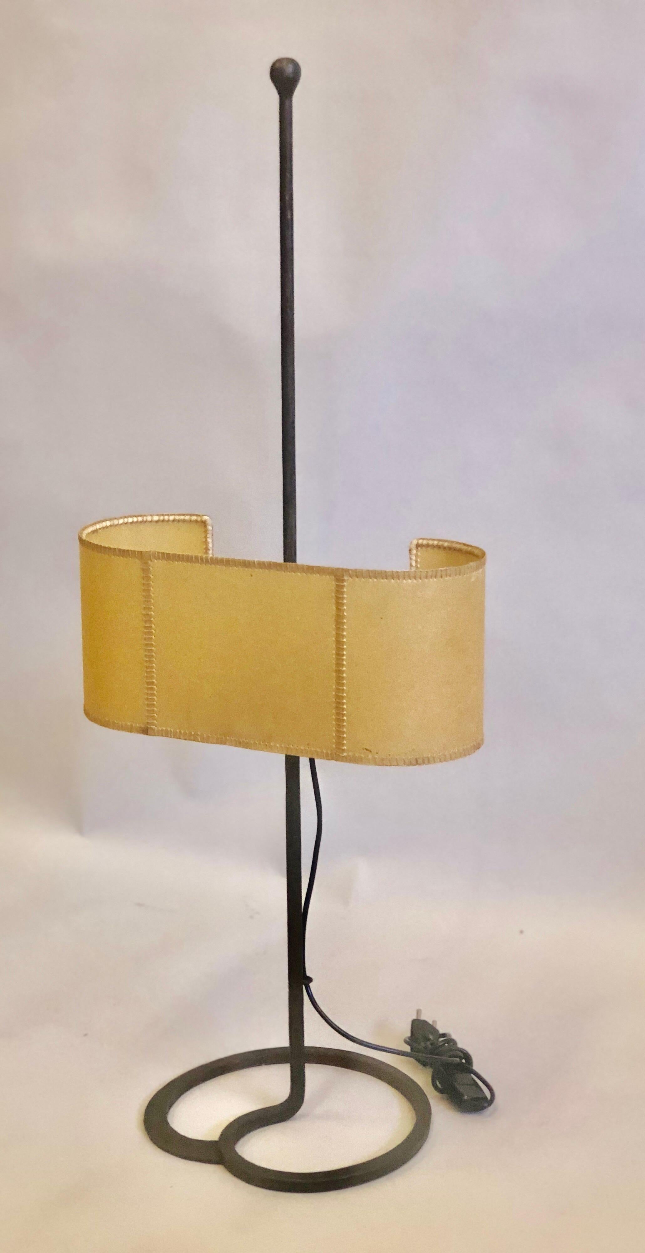 Mid-Century Modern French MidCentury Wrought Iron & Parchment Table Lamps Attr to Gilbert Poillerat For Sale